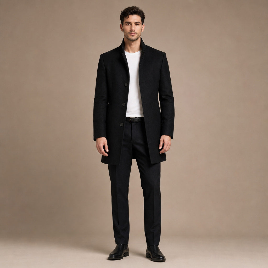 Trench Coat Wool Blend Tailored Overcoat in Black – Tomosino Premium Menswear