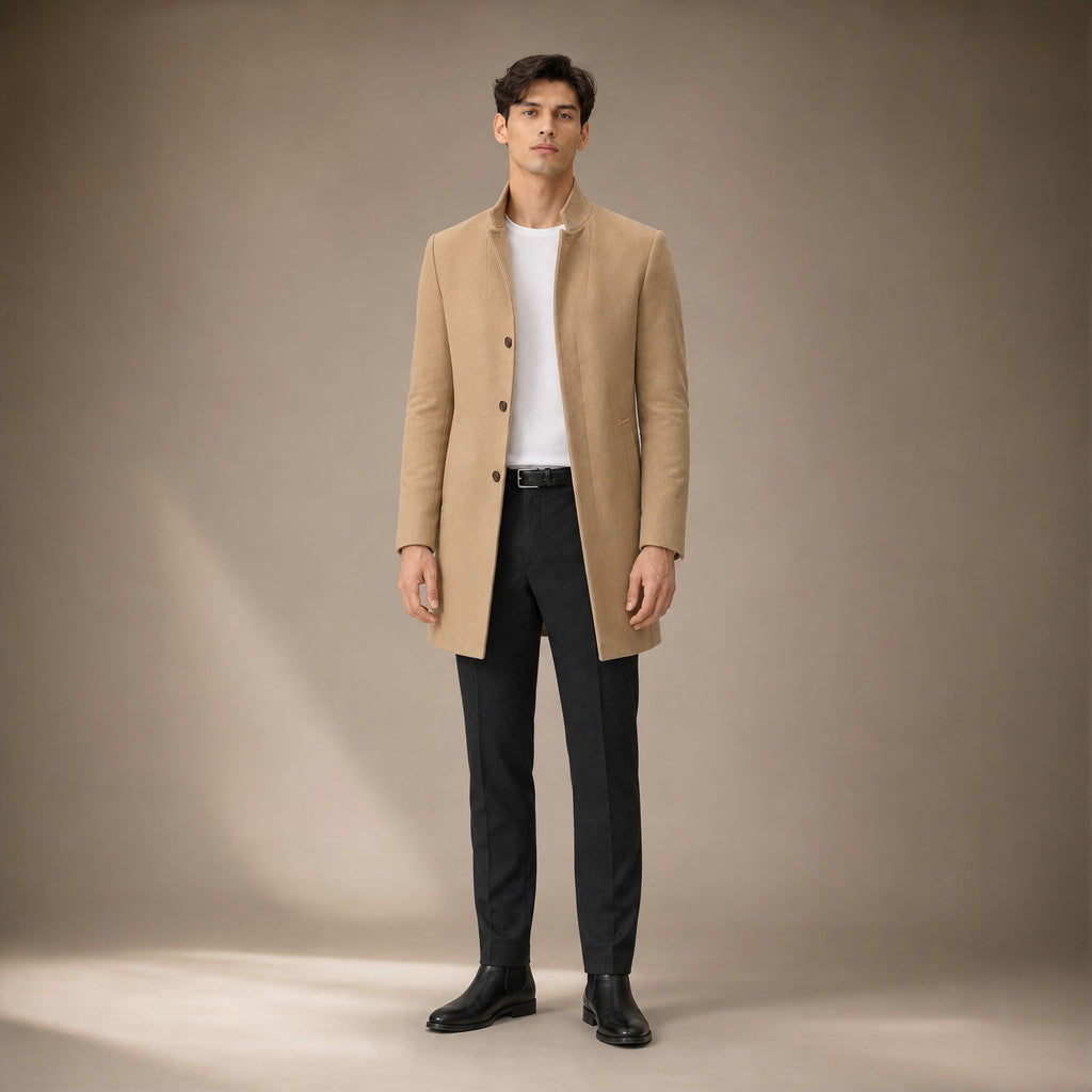 Trench Coat Wool Blend Tailored Overcoat in Khaki – Tomosino Premium Menswear