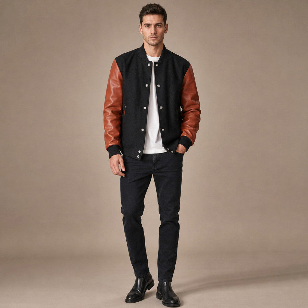 Belwyn | Varsity Jacket Wool Body Leather Sleeves Black – Full Look