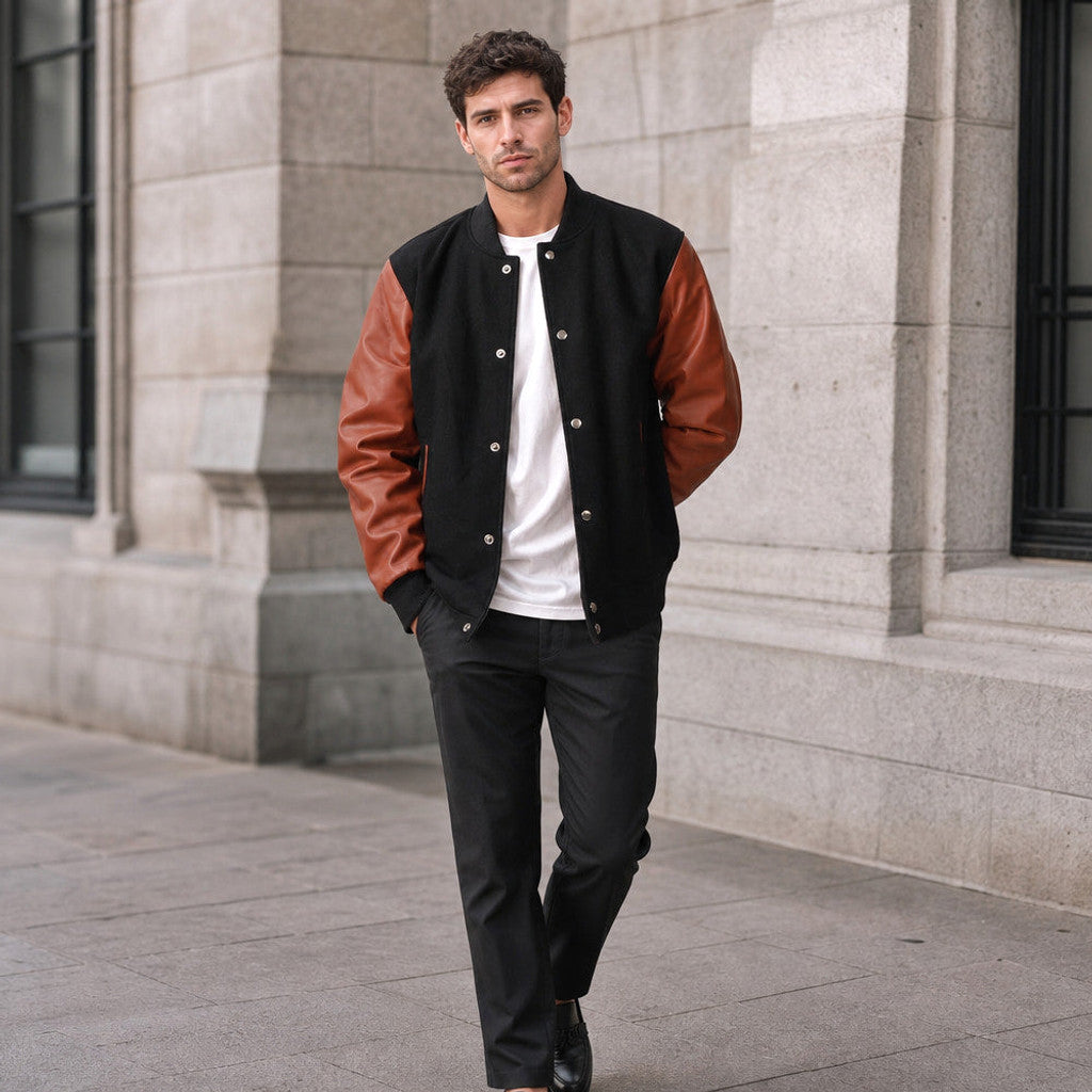 Belwyn | Varsity Jacket Wool Body Leather Sleeves Black – Styled Editorial Shot