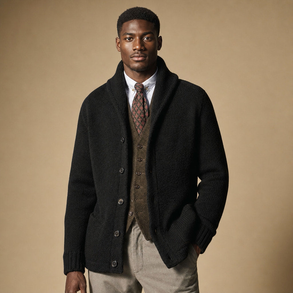 Cardigan Shawl Collar Button-Front Knit in Black – Tomosino Premium Menswear