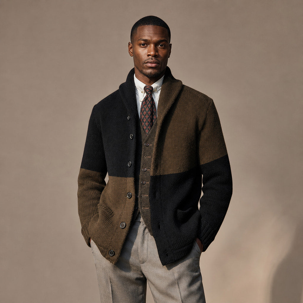 Cardigan Shawl Collar Button-Front Knit in Black/Brown – Tomosino Premium Menswear