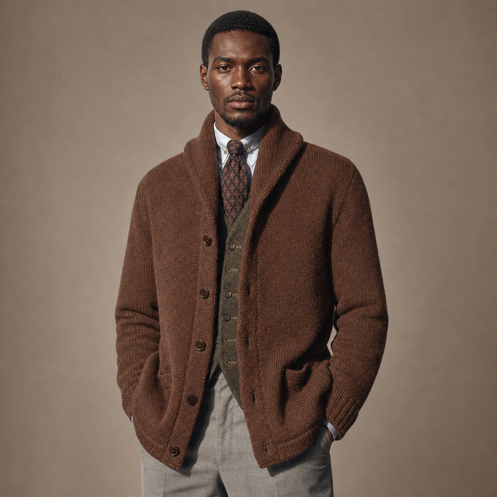 Cardigan Shawl Collar Button-Front Knit in Brown – Tomosino Premium Menswear
