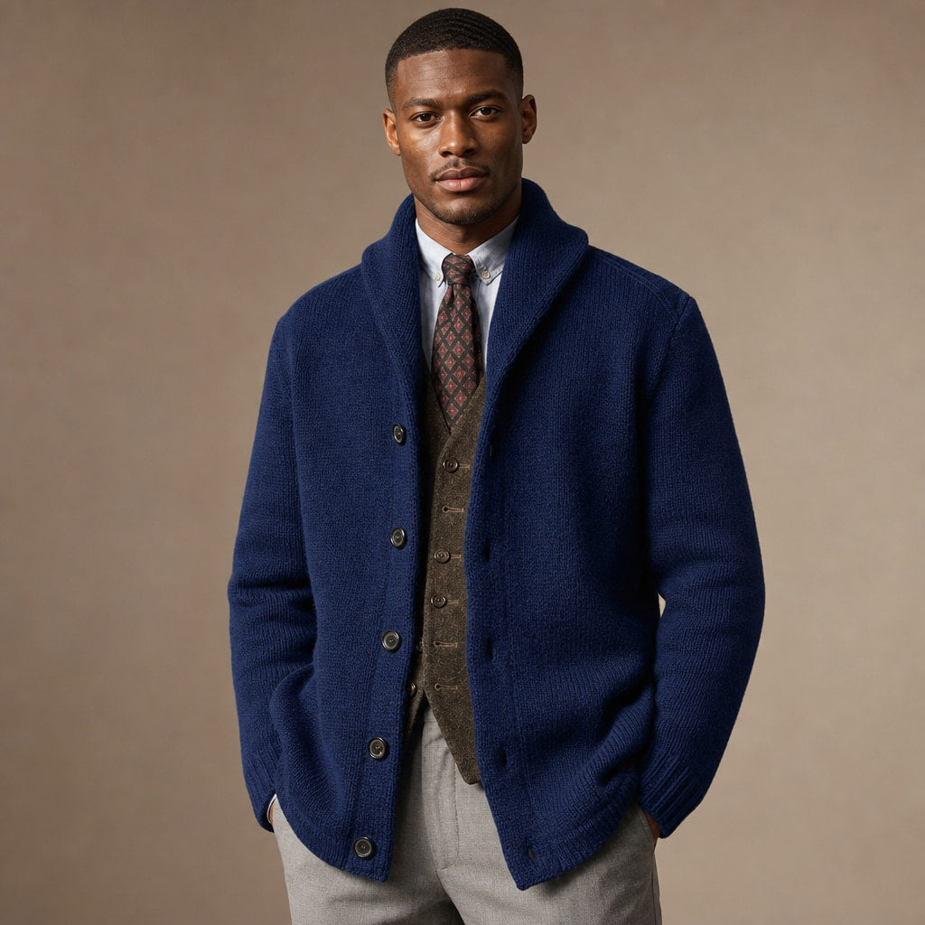 Cardigan Shawl Collar Button-Front Knit in Dark Blue – Tomosino Premium Menswear