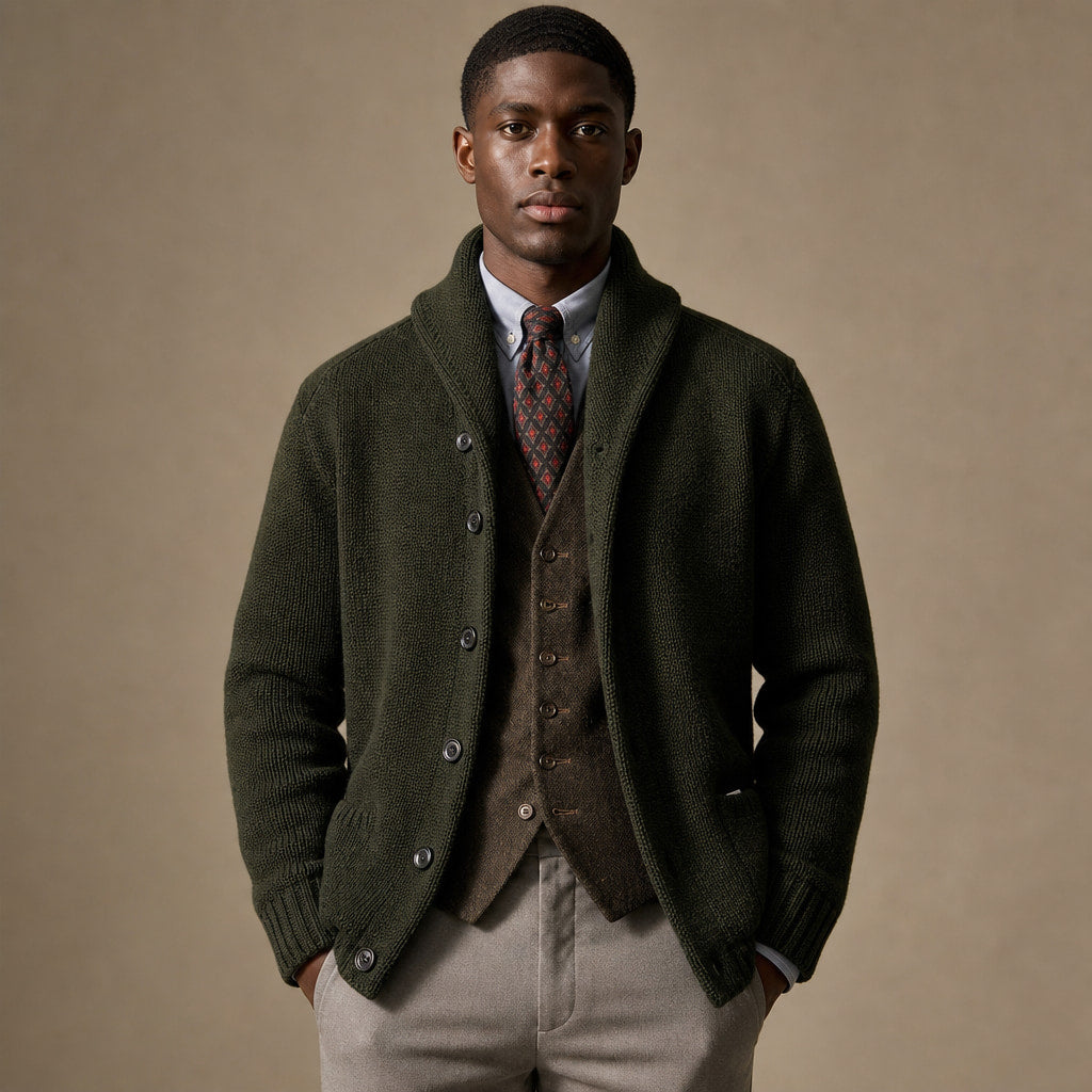 Cardigan Shawl Collar Button-Front Knit in Dark Green – Tomosino Premium Menswear