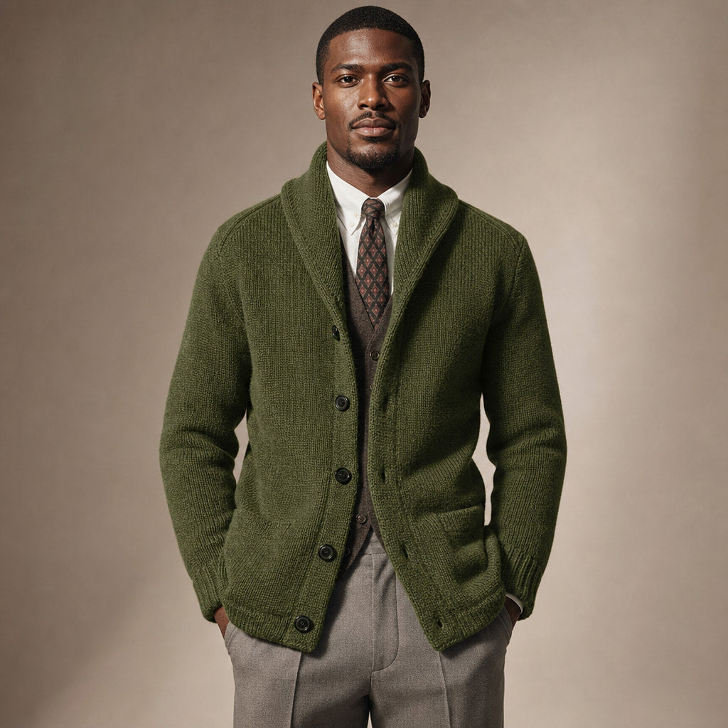 Cardigan Shawl Collar Button-Front Knit in Green – Tomosino Premium Menswear