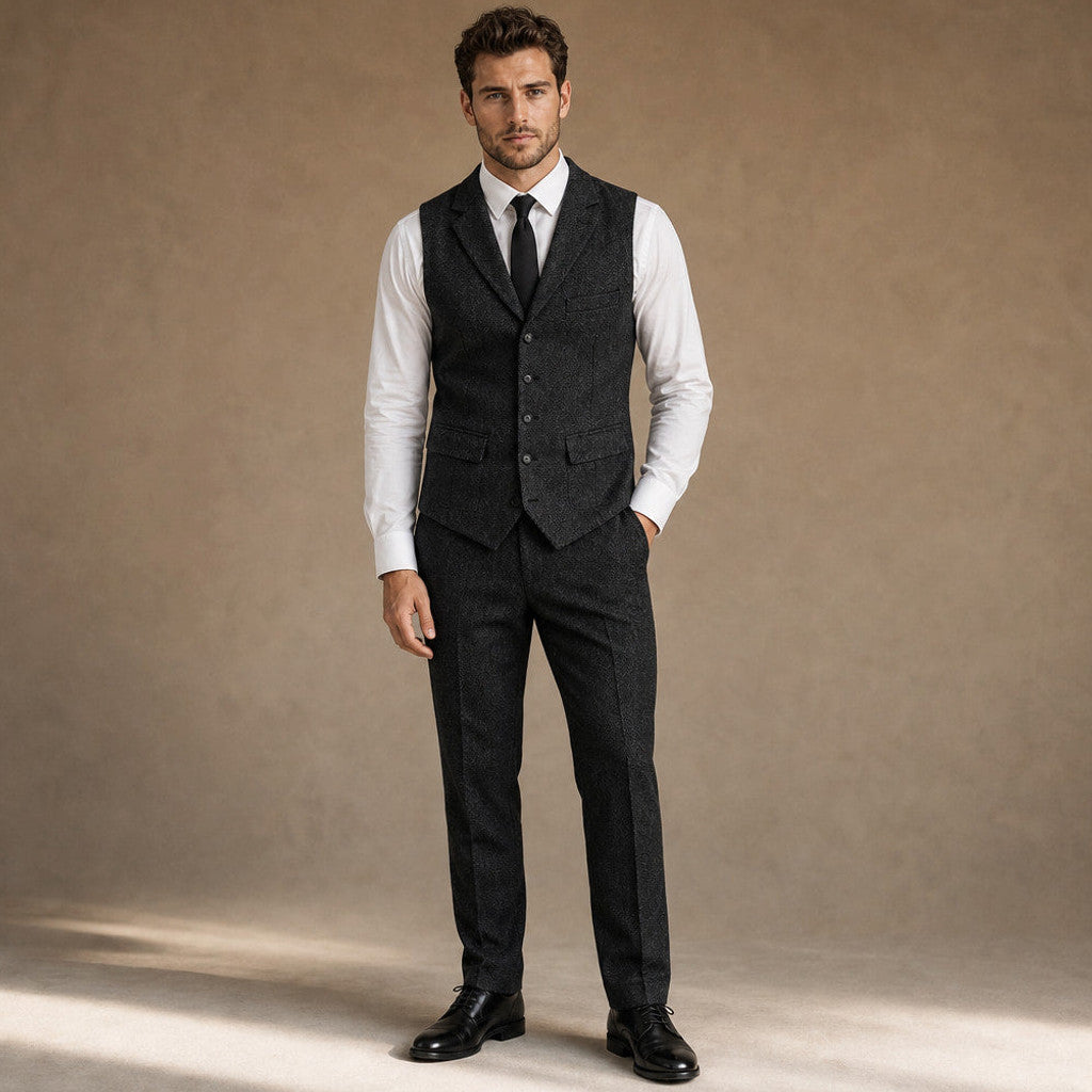 Bensor | Herringbone Waistcoat Classic Fit in Black – Premium Editorial