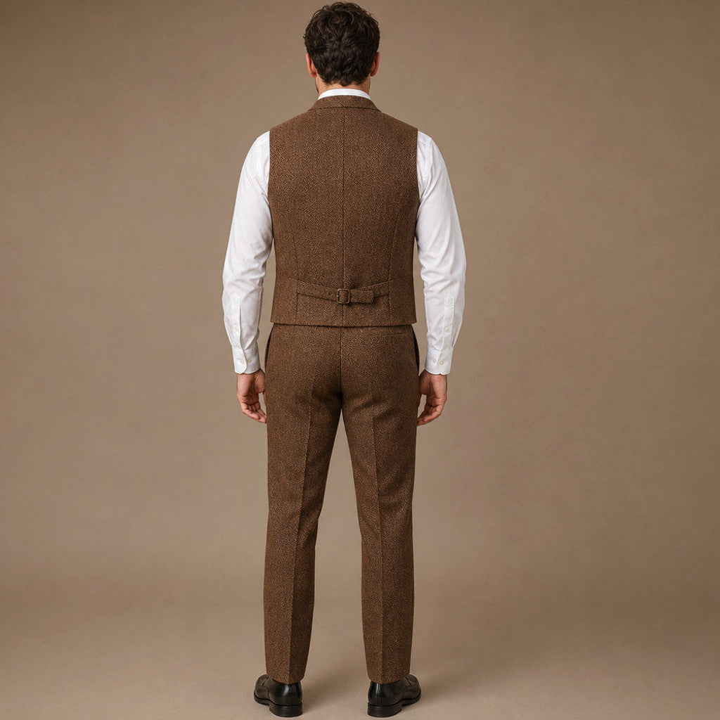 Bensor | Herringbone Waistcoat Classic Fit Brown – Side Angle View