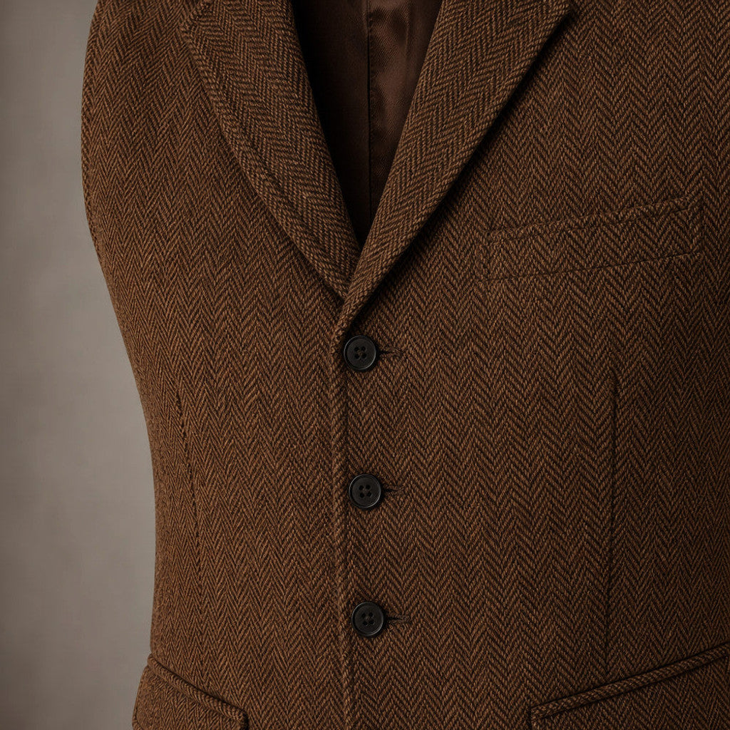 Bensor | Herringbone Waistcoat Classic Fit Brown – Fabric and Detail Close-Up