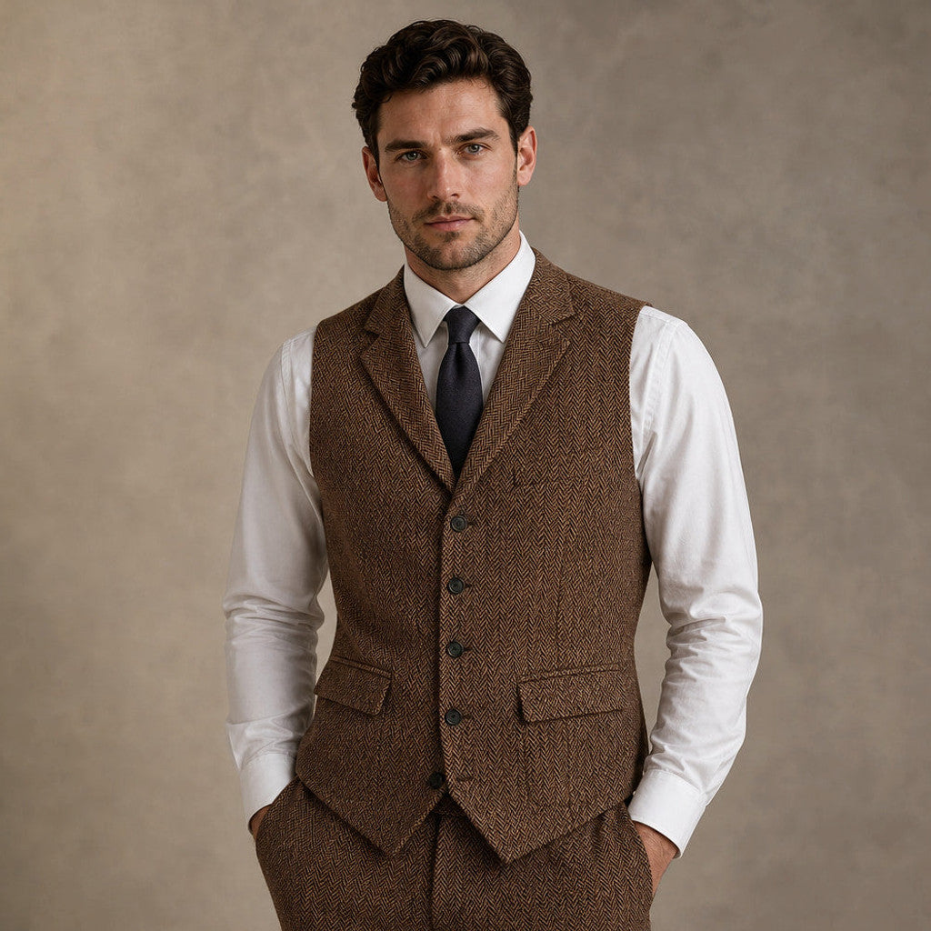 Bensor | Herringbone Waistcoat Classic Fit Brown – Full Look