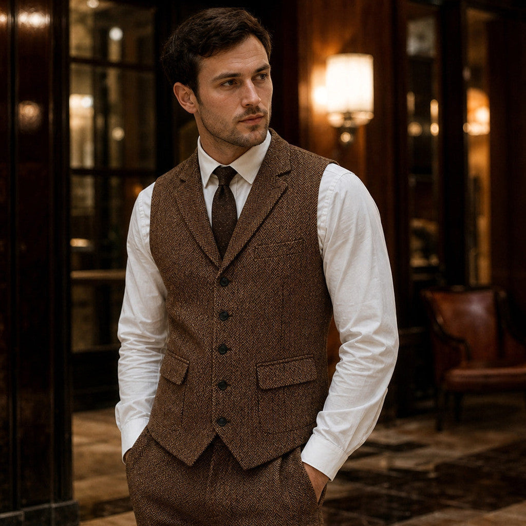 Bensor | Herringbone Waistcoat Classic Fit Brown – Styled Editorial Shot