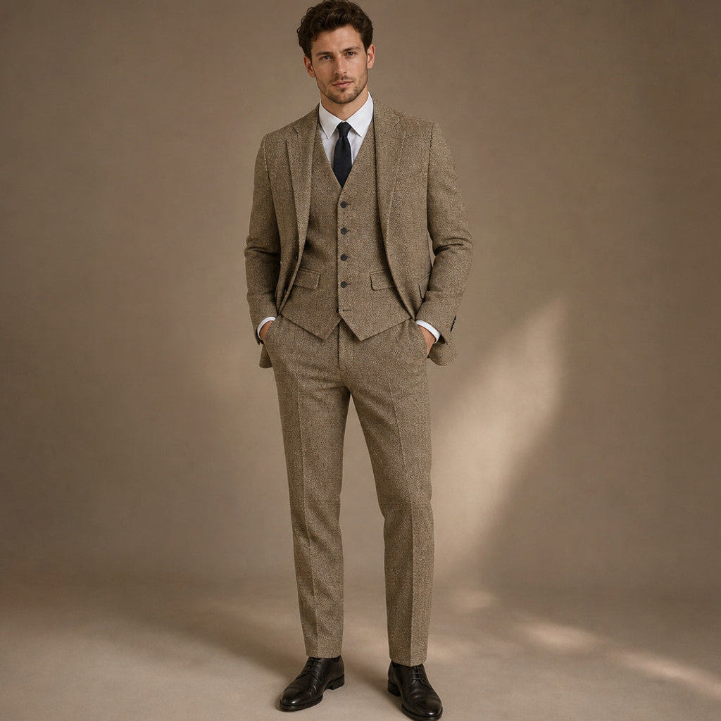 Bensor | Herringbone Waistcoat Classic Fit in Khaki – Premium Editorial