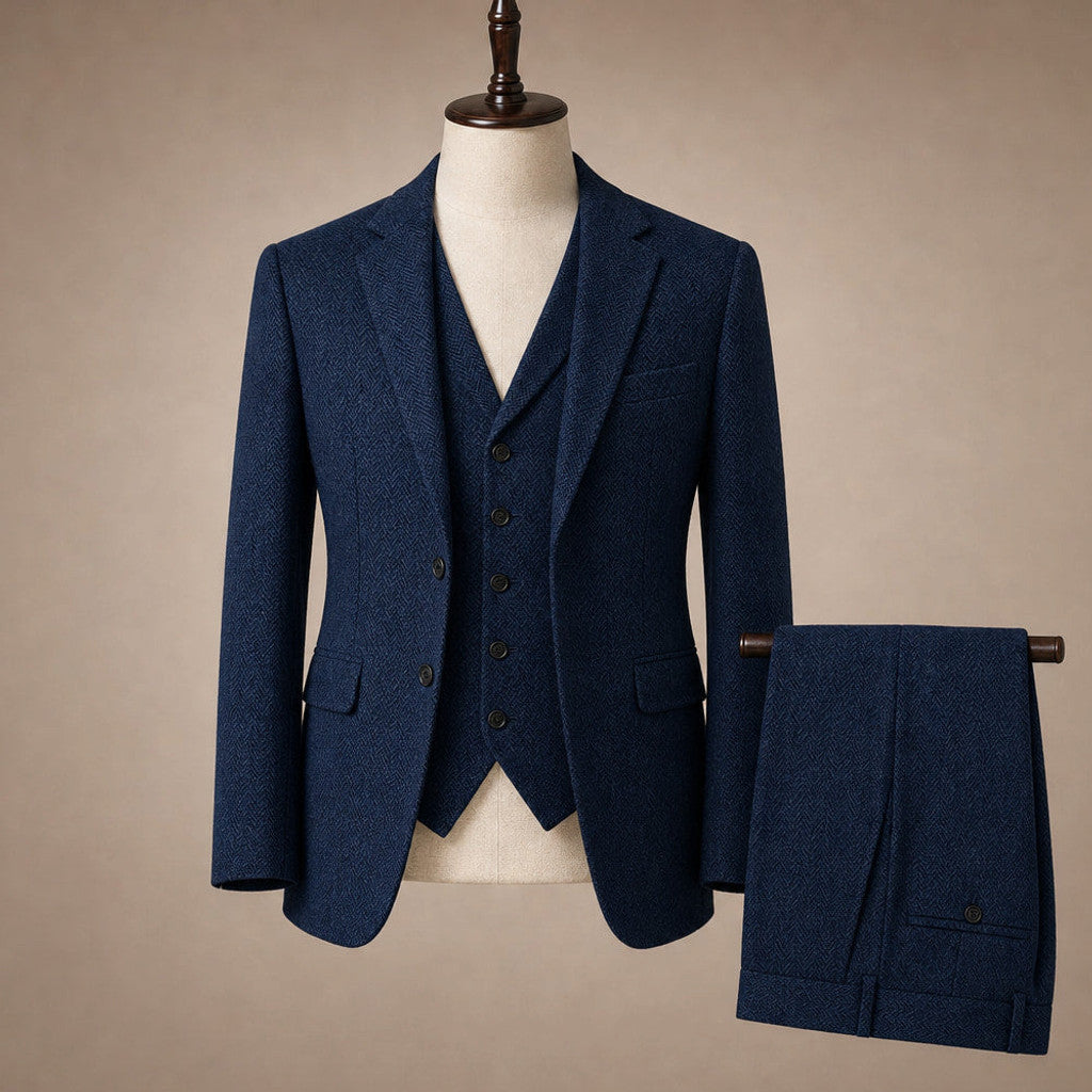 Bensor | Herringbone Waistcoat Classic Fit Navy – Product Photo