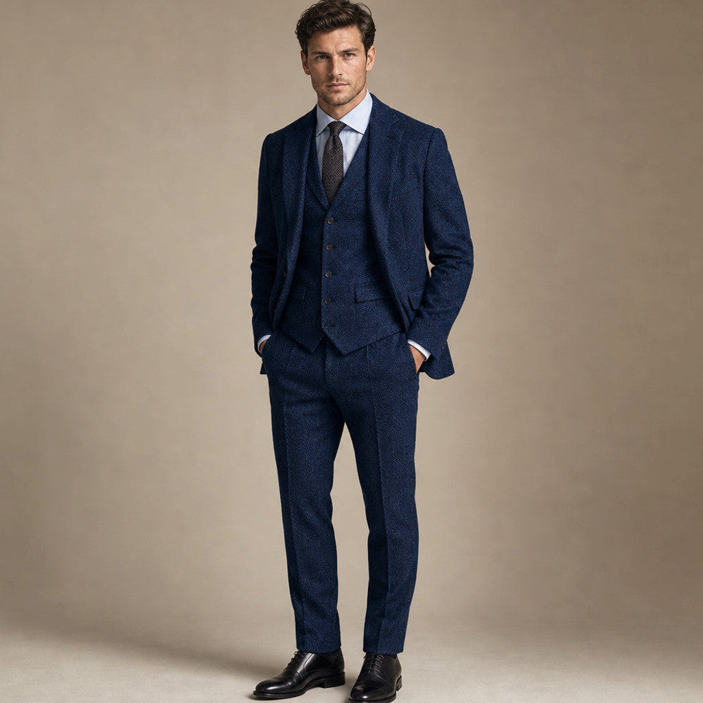 Bensor | Herringbone Waistcoat Classic Fit in Navy – Premium Editorial