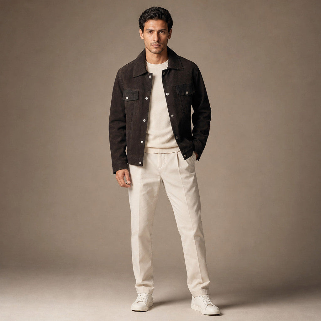 Benton | Trucker Jacket Suede Leather Brown – Product Photo