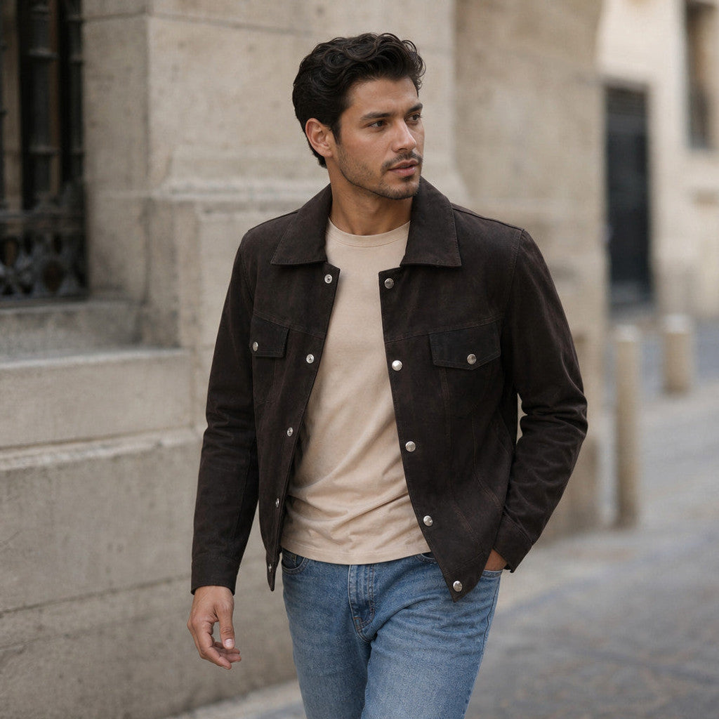 Benton | Trucker Jacket Suede Leather Brown – Product Photo
