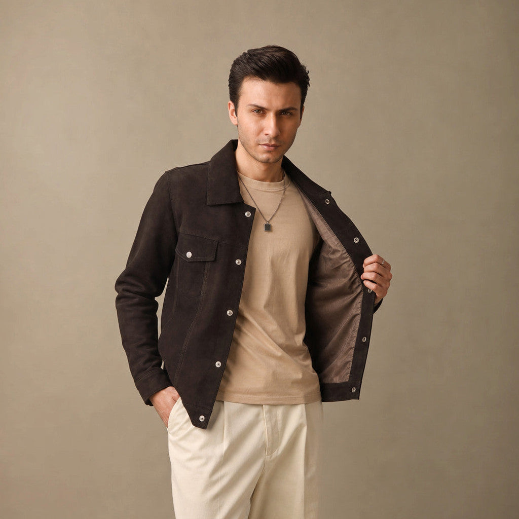 Benton | Trucker Jacket Suede Leather Brown Brown – Side Angle View