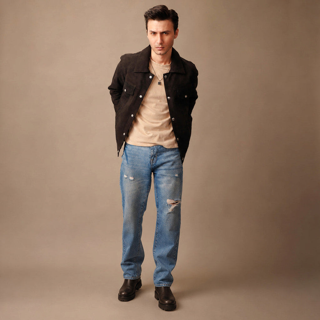 Benton | Trucker Jacket Suede Leather Brown Brown – Full Look