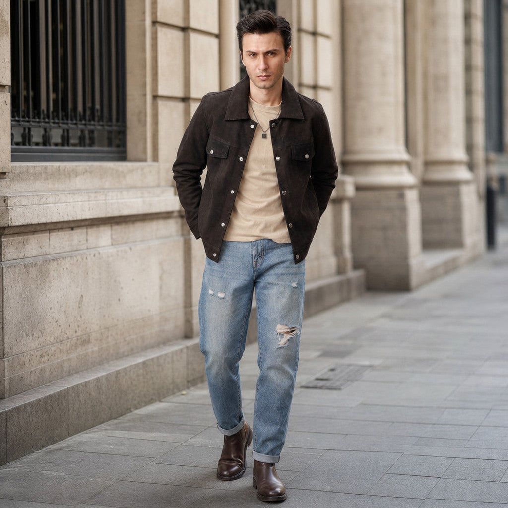 Benton | Trucker Jacket Suede Leather Brown Brown – Styled Editorial Shot