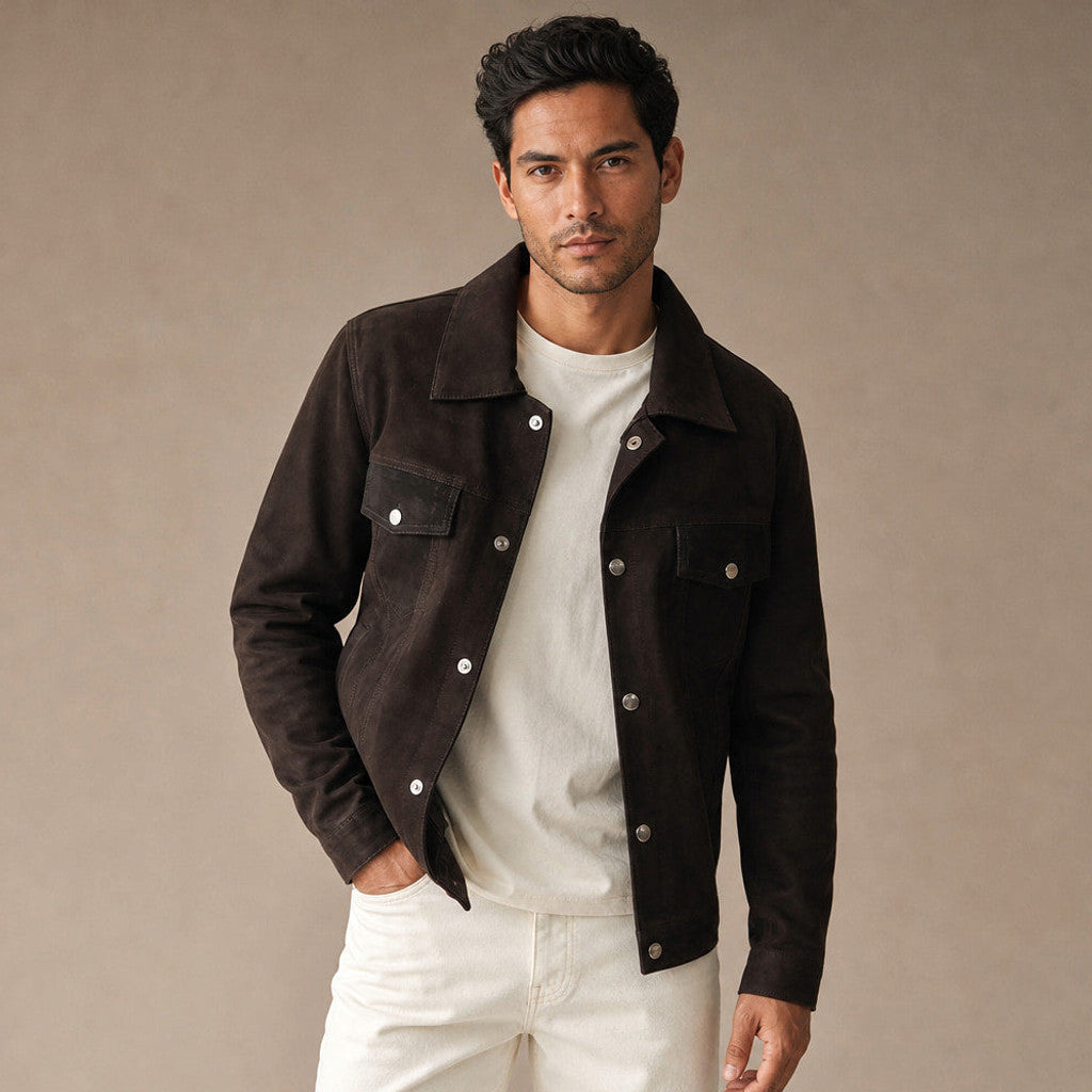 Benton | Trucker Jacket Suede Leather Brown – Product Photo