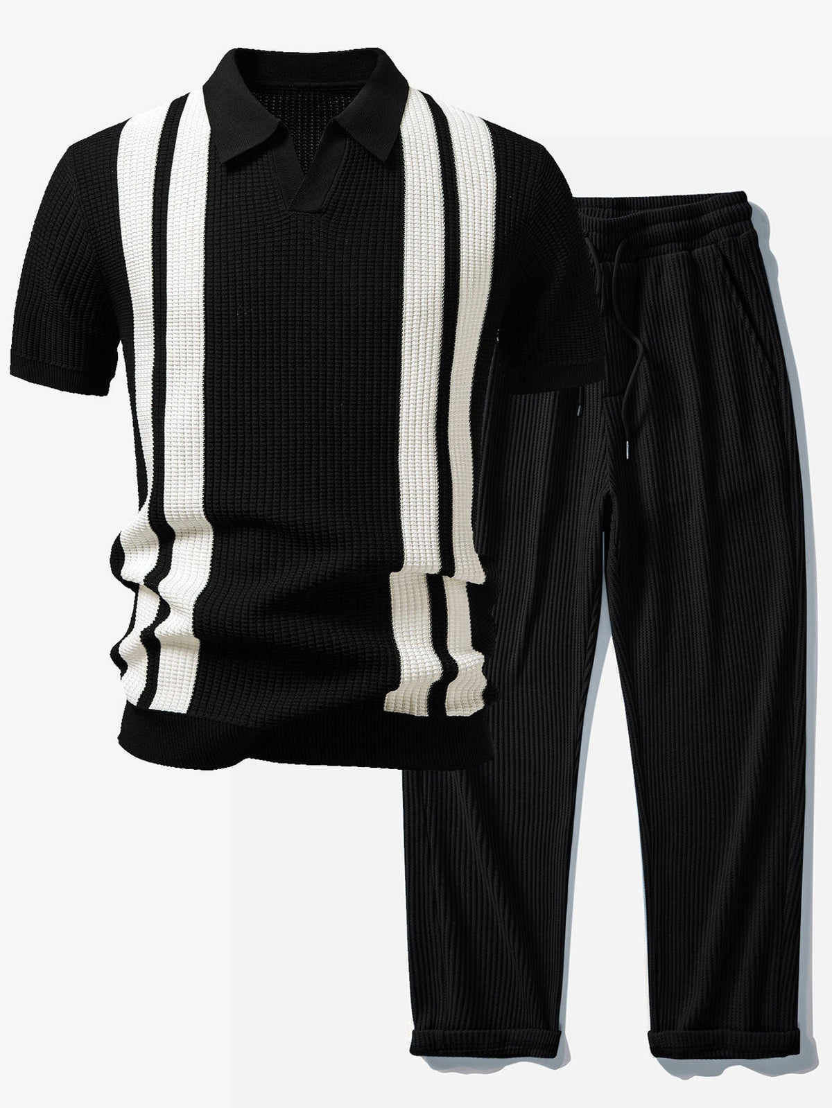 Vestren | Matching Set Striped Knit Polo Waffle Drawstring Pant
