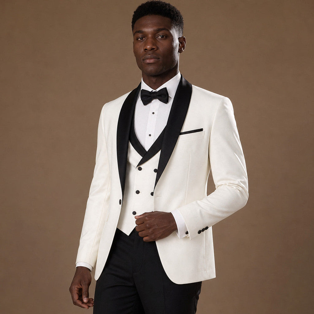Blakon | Tuxedo Suit Shawl Lapel White White – Side Angle View