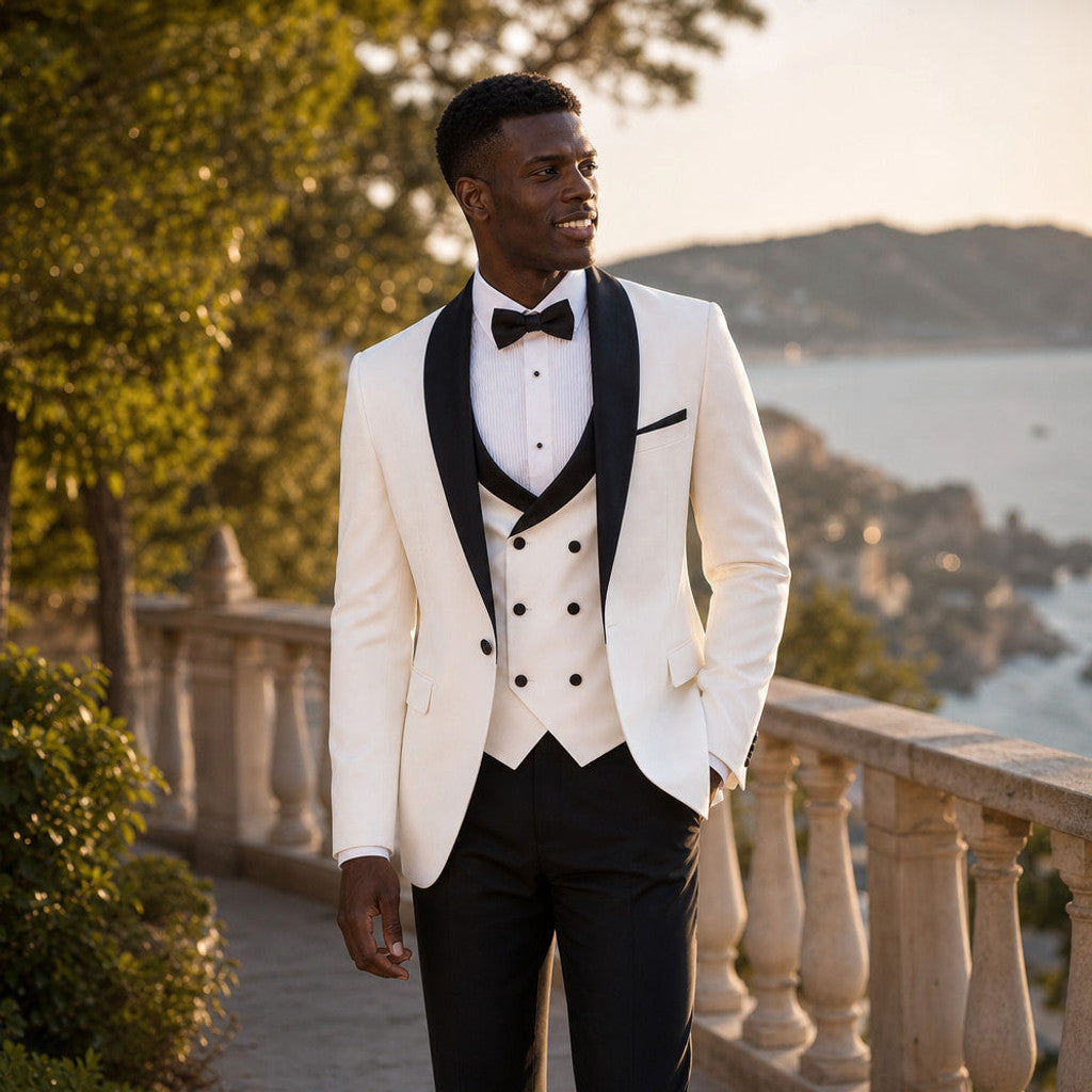Blakon | Tuxedo Suit Shawl Lapel White White – Styled Editorial Shot