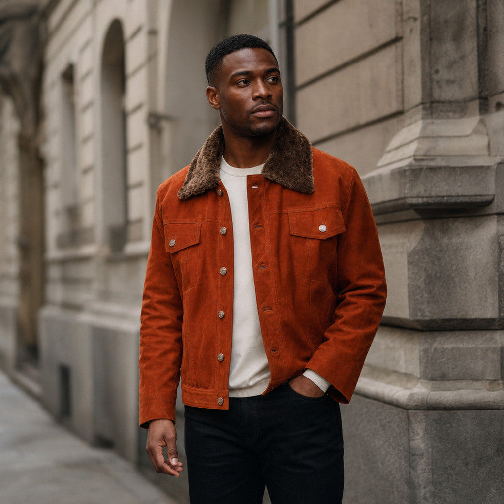 Blendon | Trucker Jacket Suede Shearling Collar Ginger Orange – Product Photo