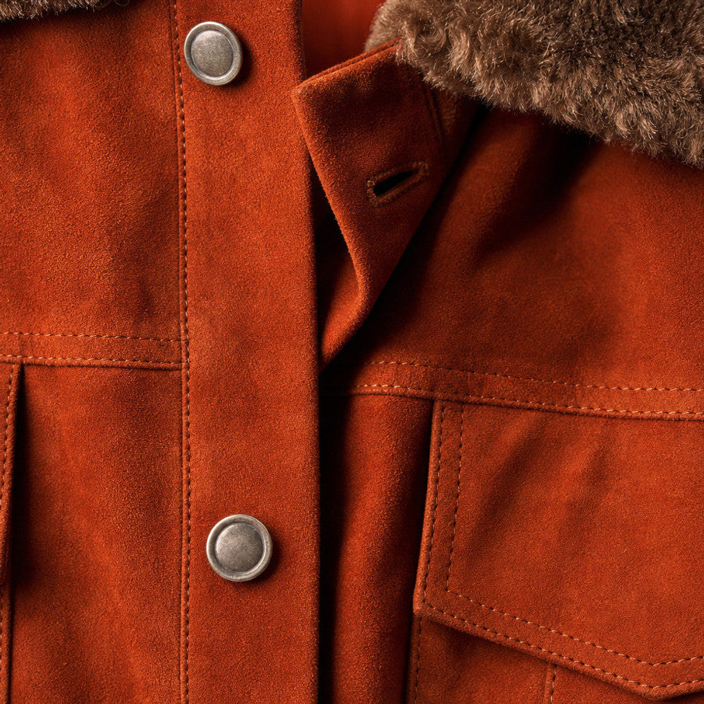 Blendon | Trucker Jacket Suede Shearling Collar Ginger Orange – Fabric and Detail Close-Up