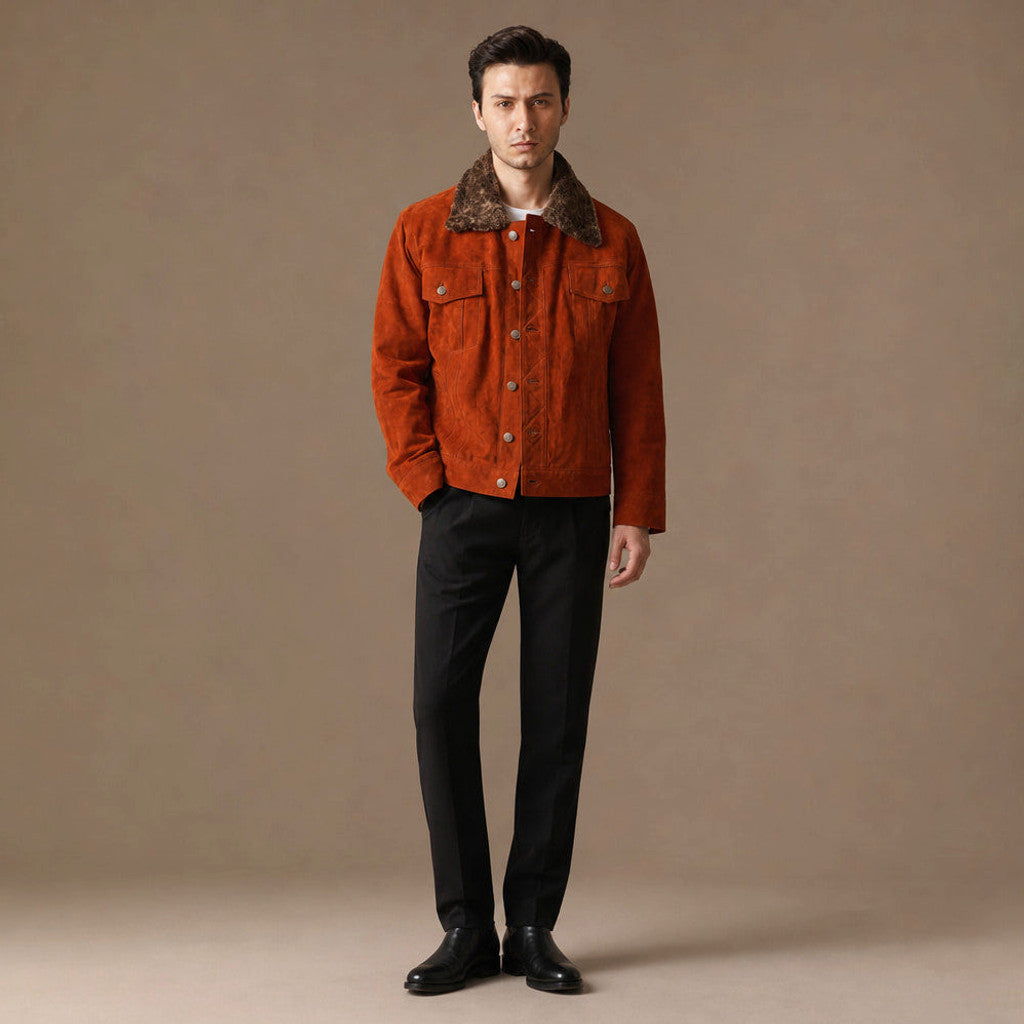 Blendon | Trucker Jacket Suede Shearling Collar Ginger Orange – Full Look