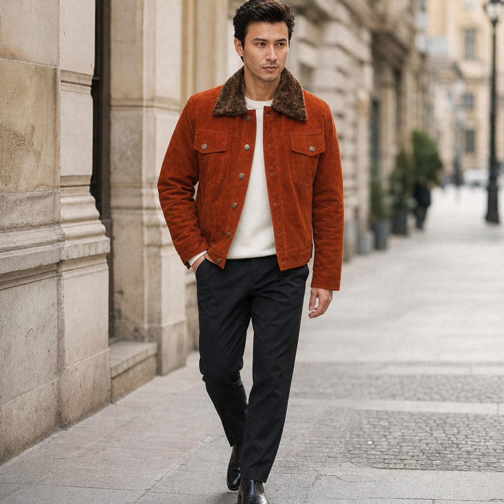 Blendon | Trucker Jacket Suede Shearling Collar Ginger Orange – Styled Editorial Shot