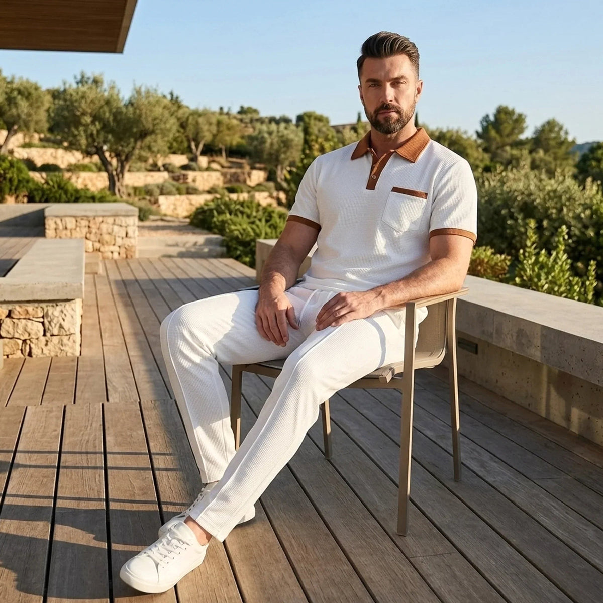Falcren | Matching Set Waffle Knit Polo Straight-Leg Trousers