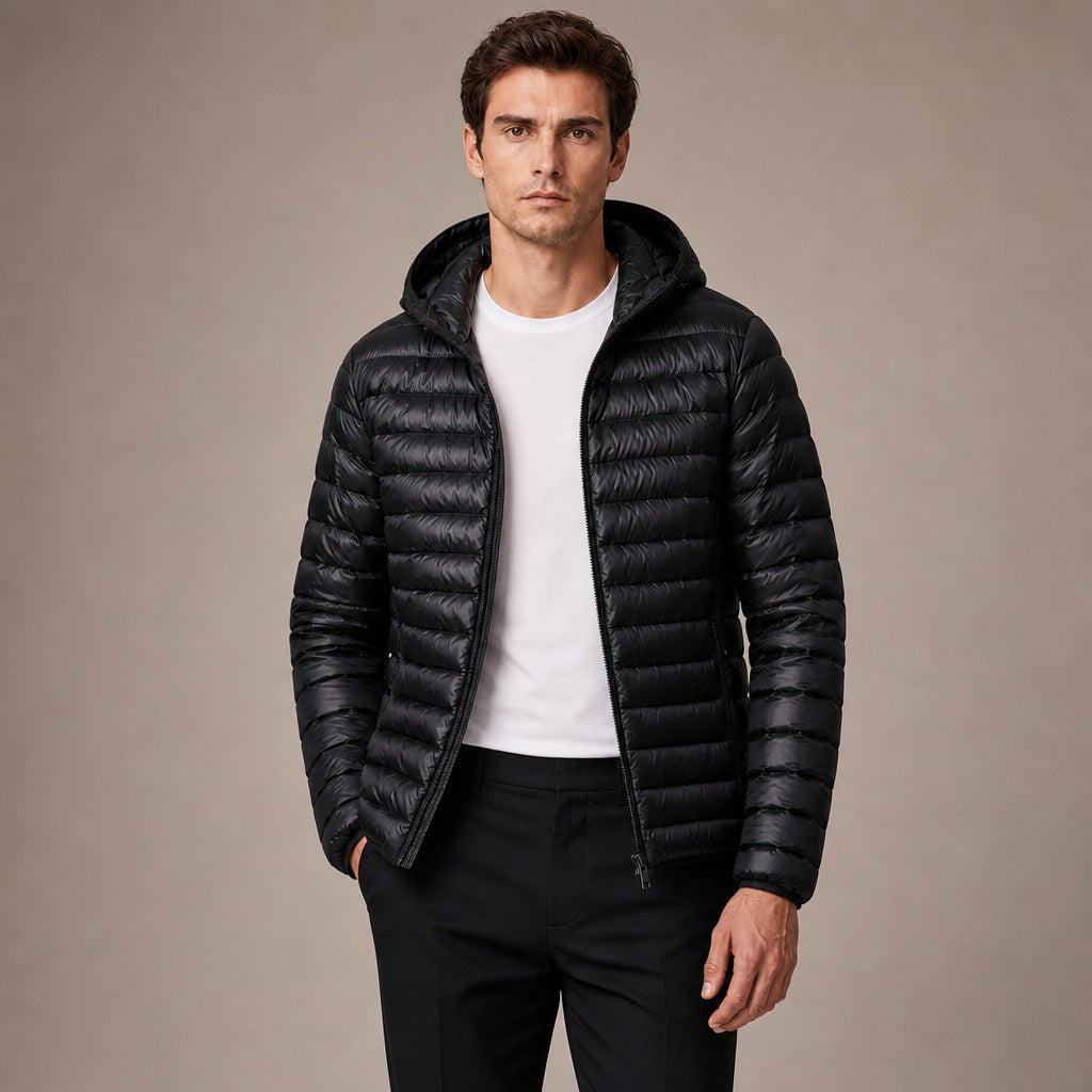 Hooded Puffer Jacket Lightweight Packable in Black – Tomosino Premium Menswear