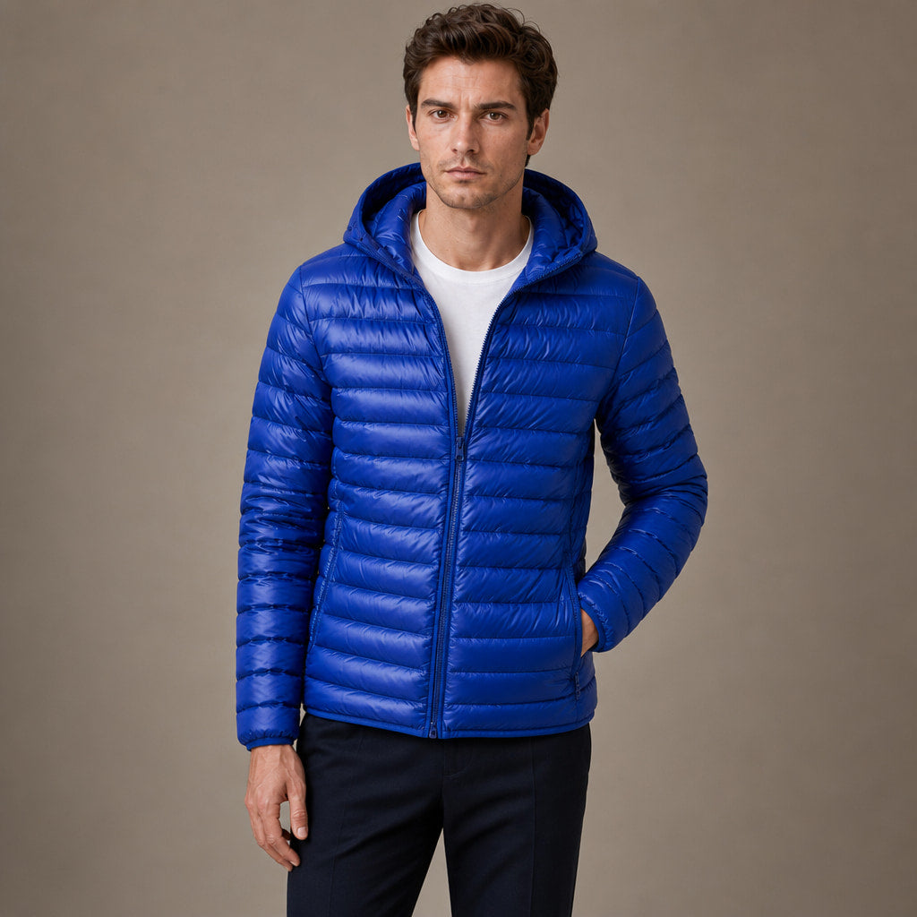 Hooded Puffer Jacket Lightweight Packable in Blue – Tomosino Premium Menswear