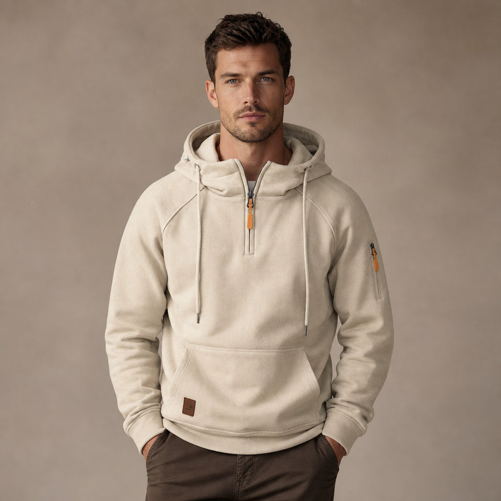 Graphic Hoodie Half-Zip Pullover with Kangaroo Pocket in Beige – Tomosino Premium Menswear