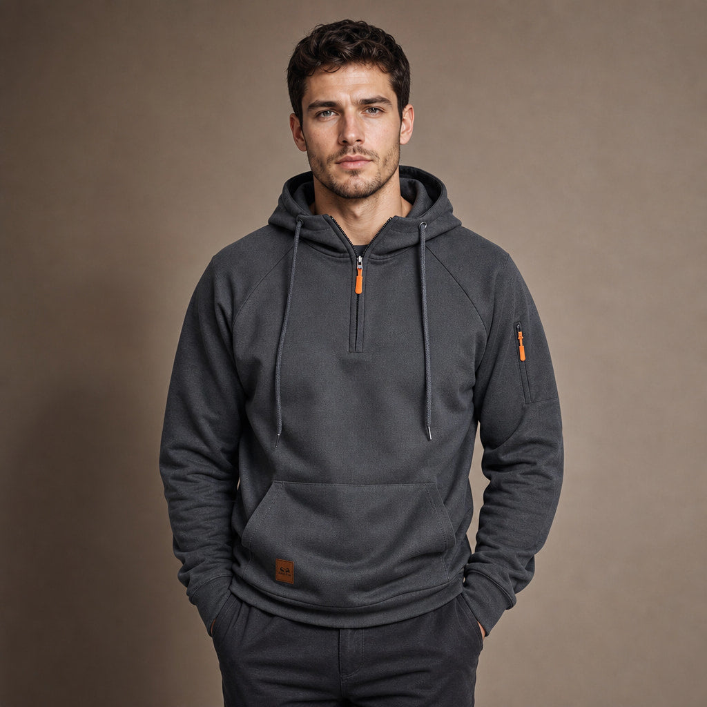 Graphic Hoodie Half-Zip Pullover with Kangaroo Pocket in Dark Gray – Tomosino Premium Menswear