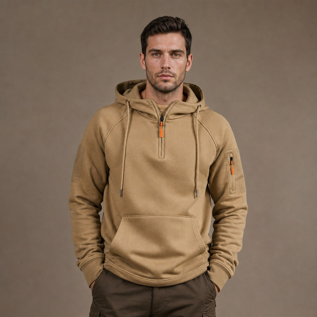 Graphic Hoodie Half-Zip Pullover with Kangaroo Pocket in Khaki – Tomosino Premium Menswear