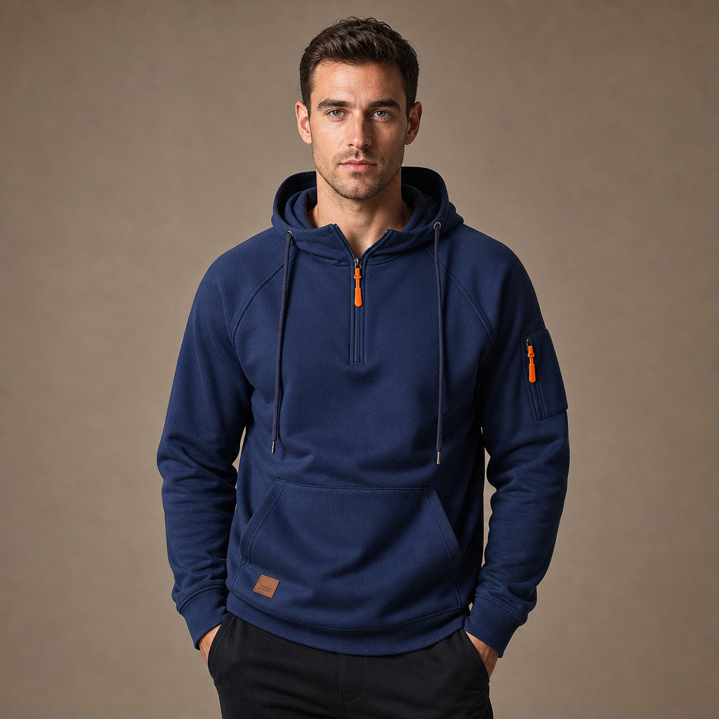 Graphic Hoodie Half-Zip Pullover with Kangaroo Pocket in Navy – Tomosino Premium Menswear