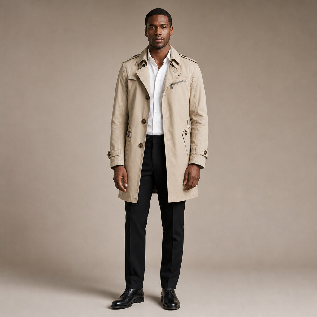 Trench Coat Cotton Single Breasted Mid-Length in Beige – Tomosino Premium Menswear