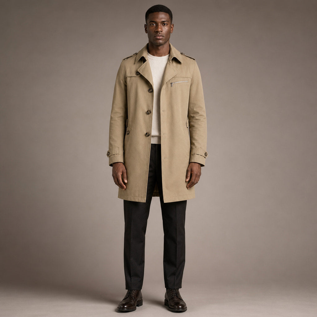 Trench Coat Cotton Single Breasted Mid-Length in Khaki – Tomosino Premium Menswear