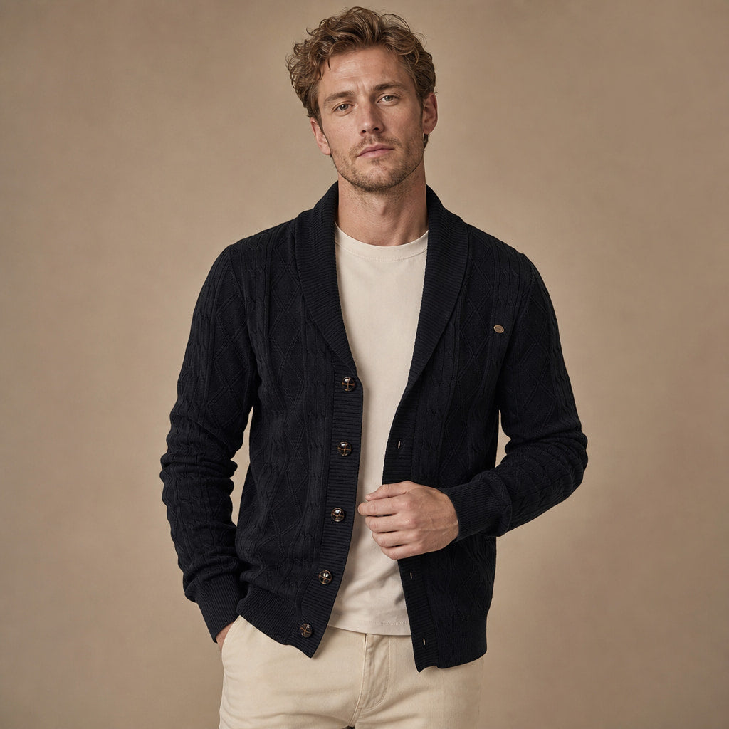 Cardigan Geometric Jacquard Shawl Collar Black – Product Photo