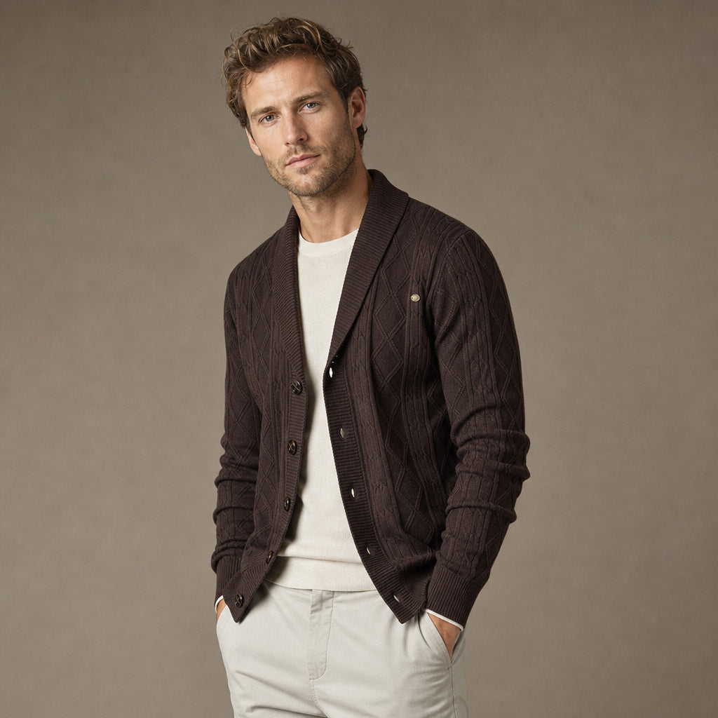 Cardigan Geometric Jacquard Shawl Collar Coffee – Side Angle View