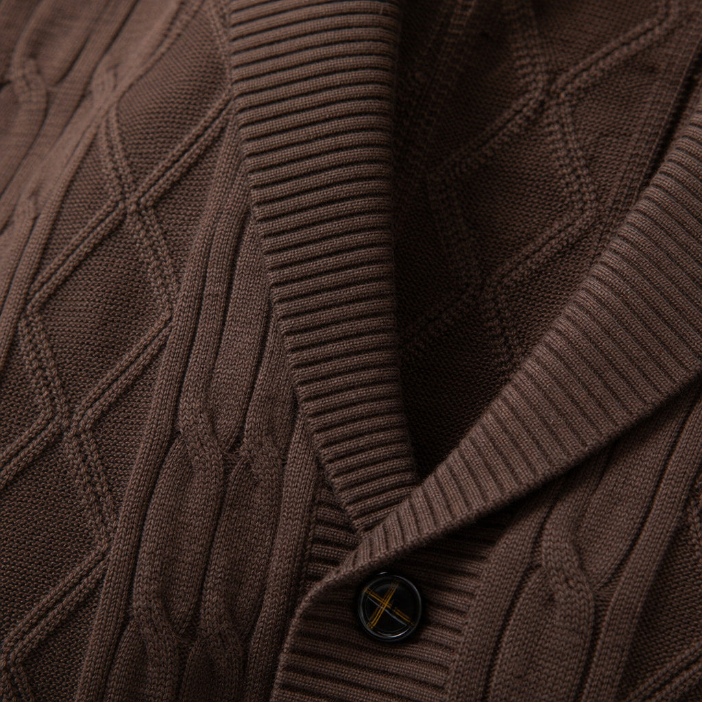 Cardigan Geometric Jacquard Shawl Collar Coffee – Fabric and Detail Close-Up