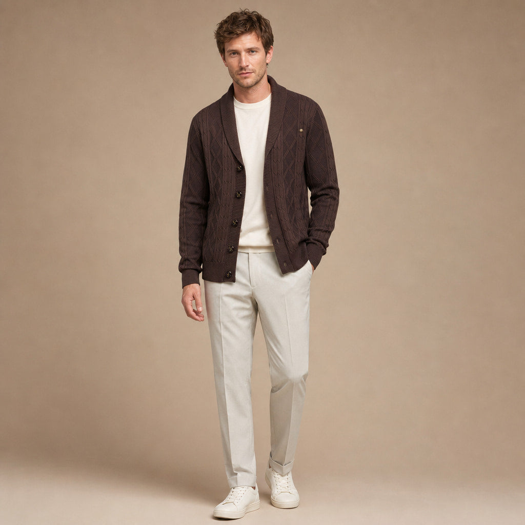 Cardigan Geometric Jacquard Shawl Collar Coffee – Full Look