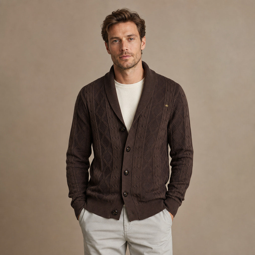 Cardigan Geometric Jacquard Shawl Collar in Coffee – Tomosino Premium Menswear