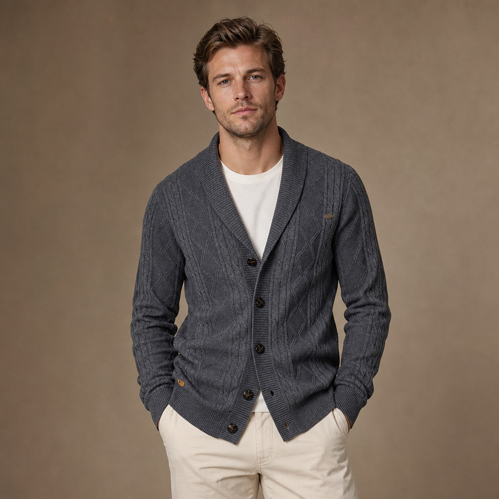 Cardigan Geometric Jacquard Shawl Collar Grey – Product Photo