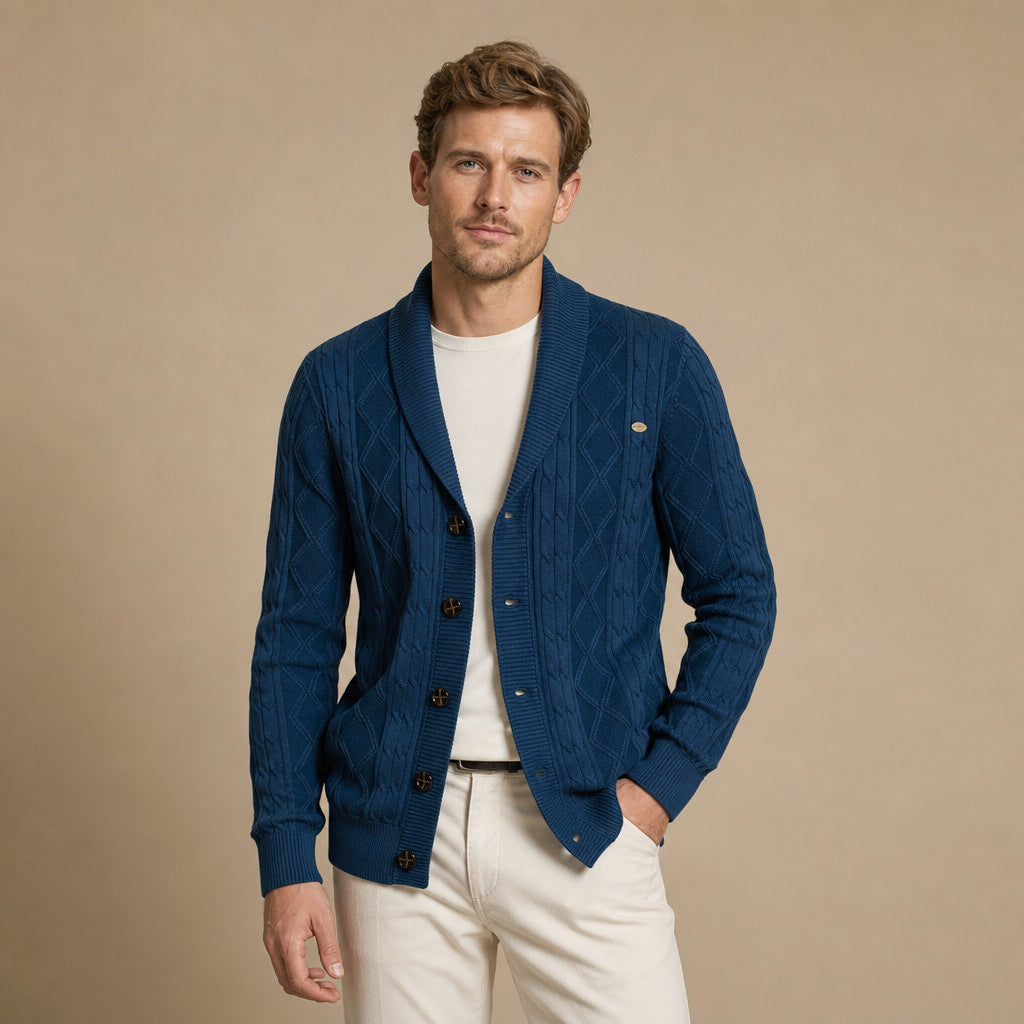 Cardigan Geometric Jacquard Shawl Collar Navy – Product Photo