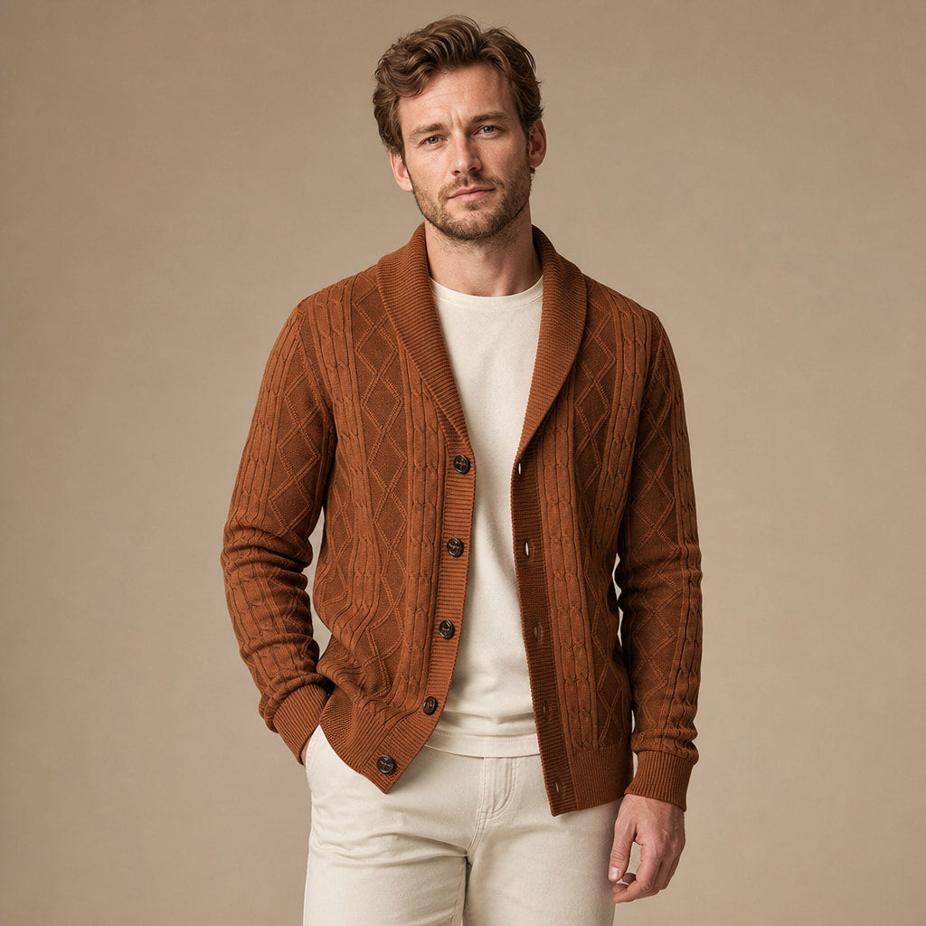 Cardigan Geometric Jacquard Shawl Collar Rust – Product Photo