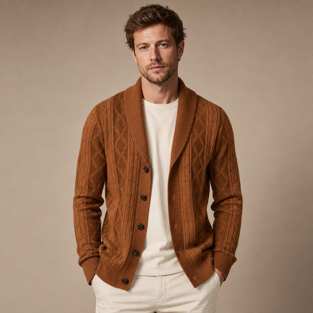 Cardigan Geometric Jacquard Shawl Collar in Rust – Tomosino Premium Menswear
