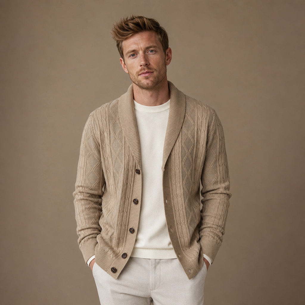 Cardigan Geometric Jacquard Shawl Collar Tan – Product Photo